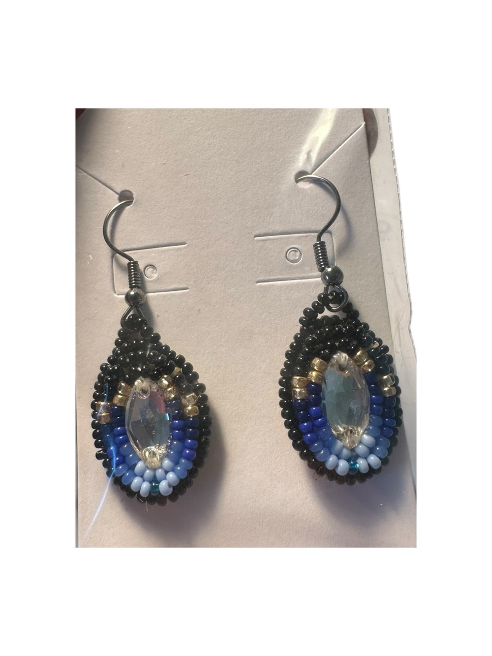 Beaded Teardrop Dangle Earrings with Blue and Black Accents